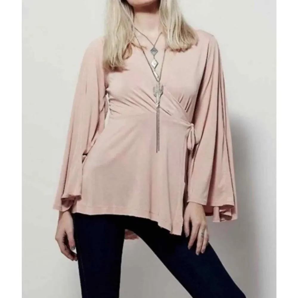 FREE PEOPLE Tunic‎ Pink Blush Dynasty Bell Sleeve Wrap Shirt